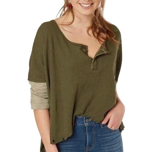 FREE PEOPLE Women's Small Star Oversized Henley Top Army Green Boho Distressed - Picture 1 of 16